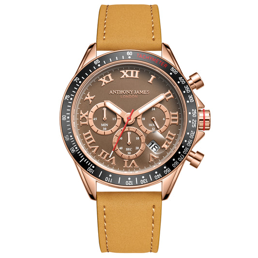 Hand Assembled Anthony James Tachymeter Turbo Gold Brown
