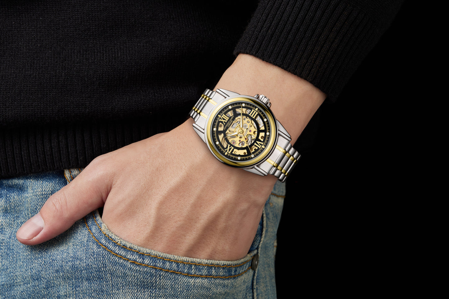 Skeleton Automatic Two Tone Gold & Steel Mens Watch