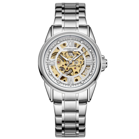 Skeleton Automatic Steel & White Mens Watch