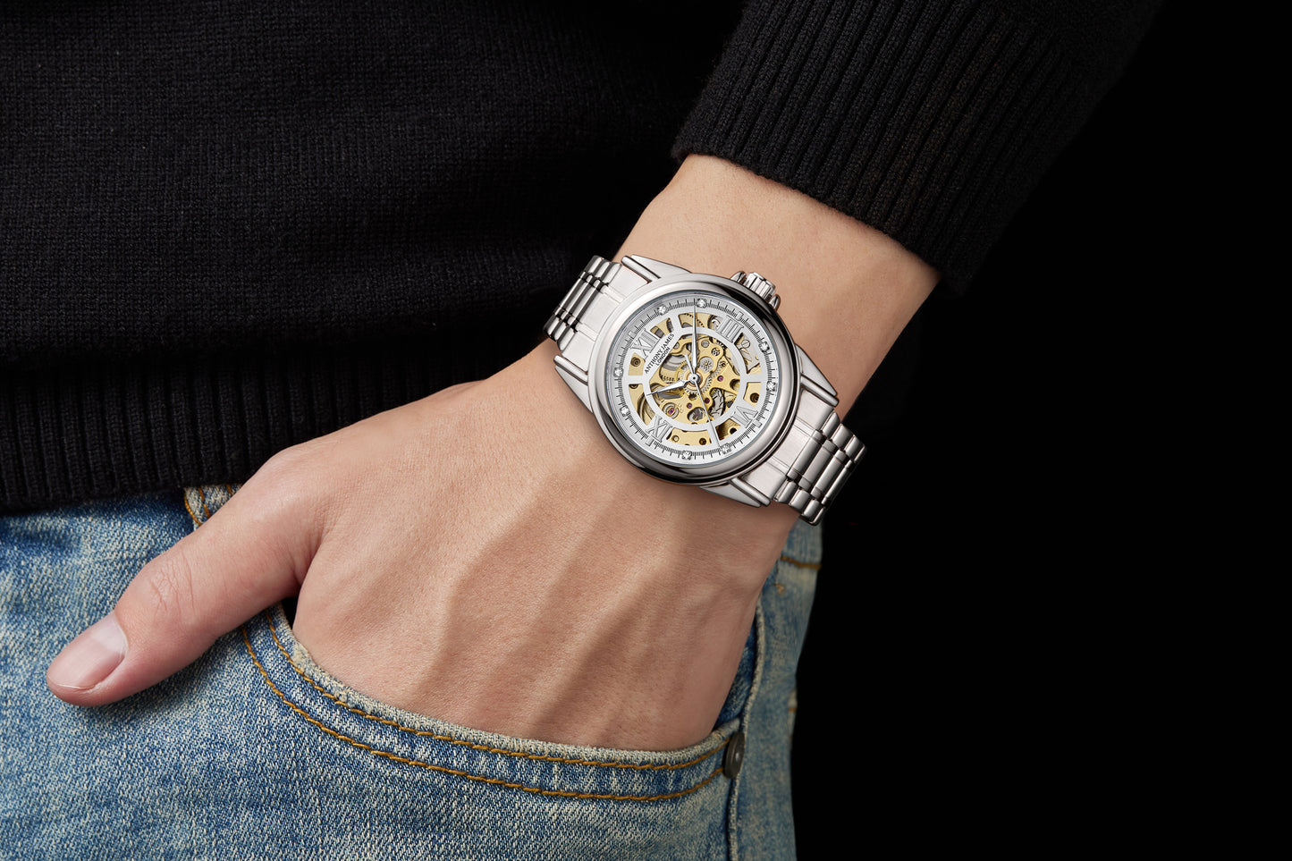 Skeleton Automatic Steel & White Mens Watch