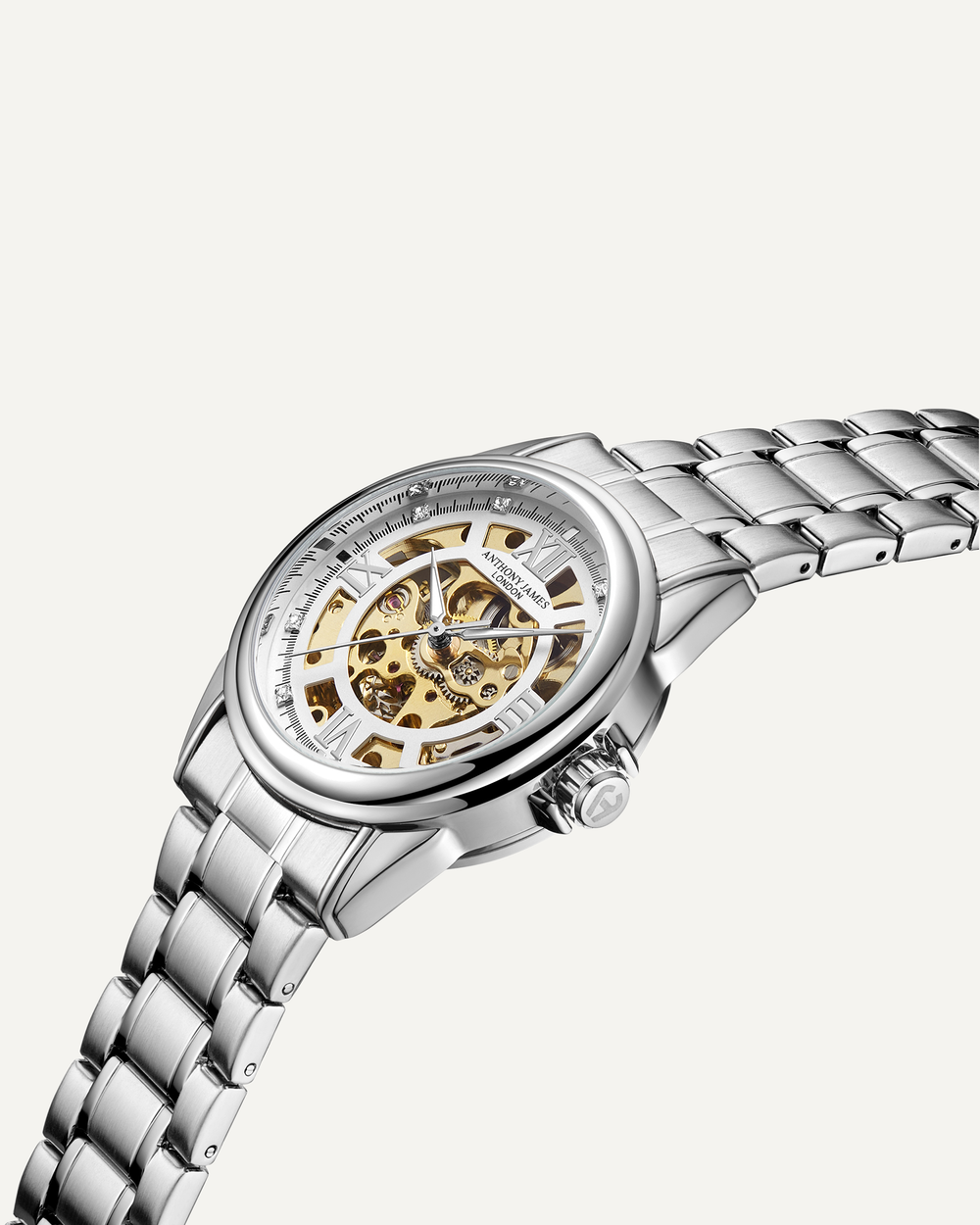 Skeleton Automatic Steel & White Mens Watch