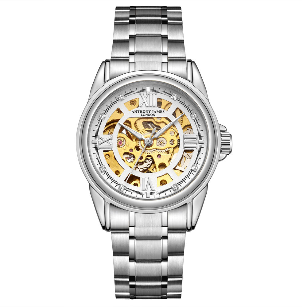 Skeleton Automatic Steel & White Mens Watch (6651133263936)